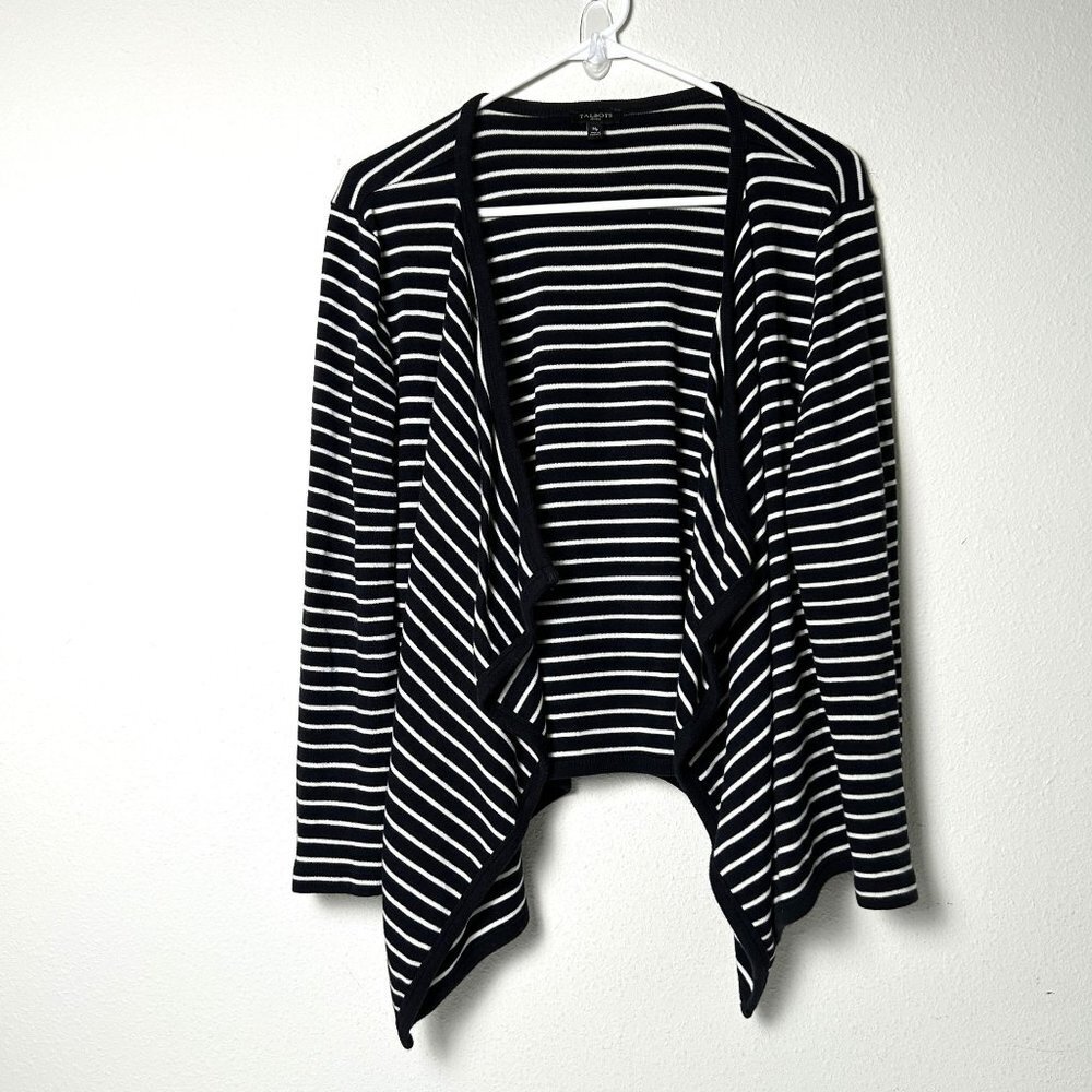 Talbots Cardigan Sweater Womens Petite M Black White Striped‎ Open Long Sleeve